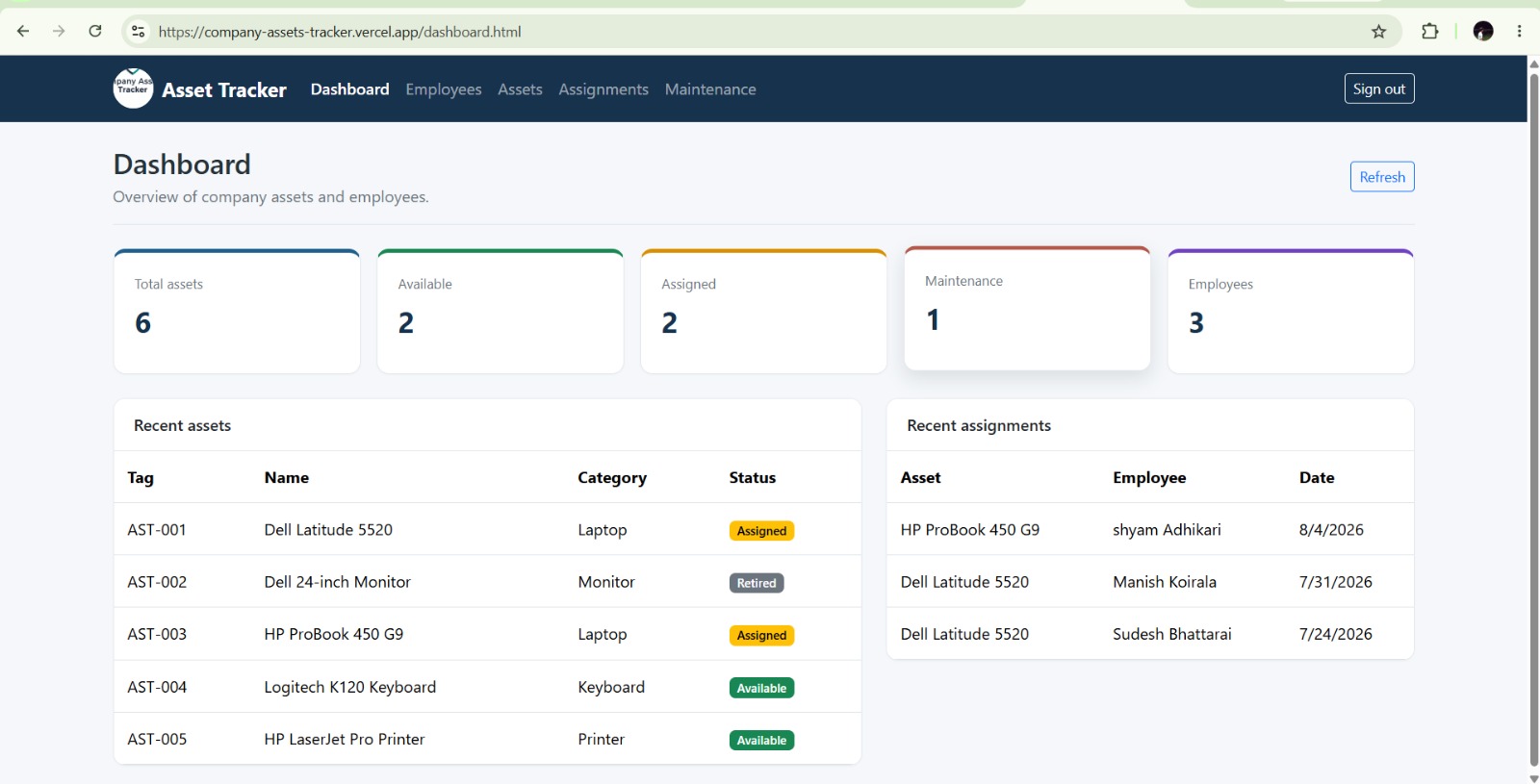Company Assets Tracker application screenshot